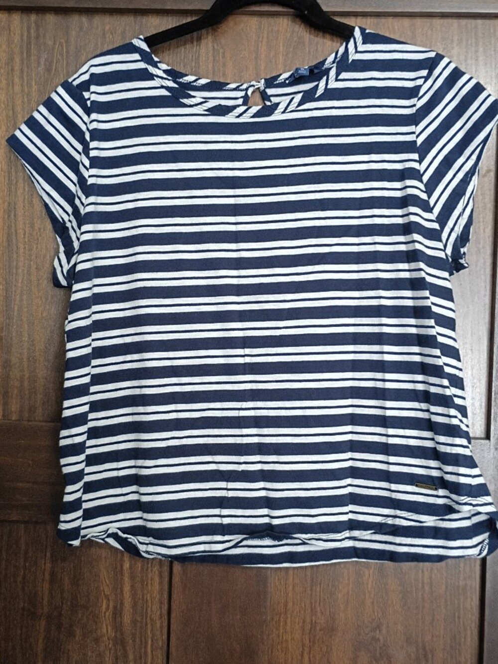 Nautica Navy Blue & White Striped Cap Sleeve Keyhole Back T-Shirt - Size XL